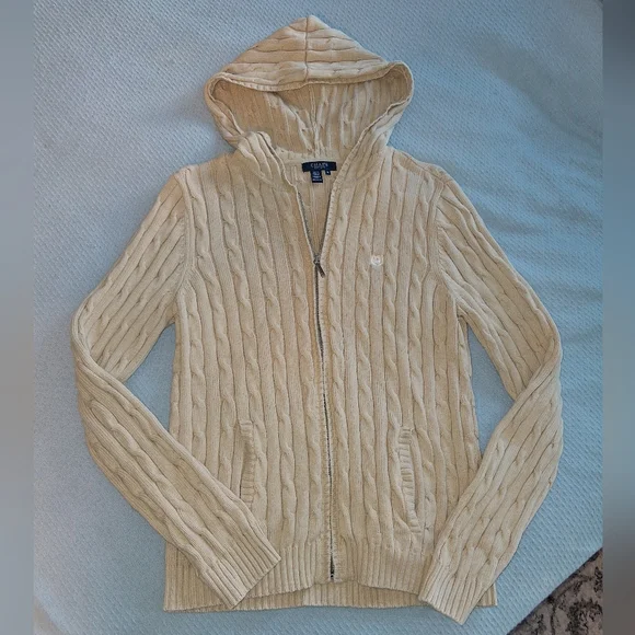 Chaps 100% Cotton Beige Cable Knit Zip Up Hoodie - Picture 3 of 9